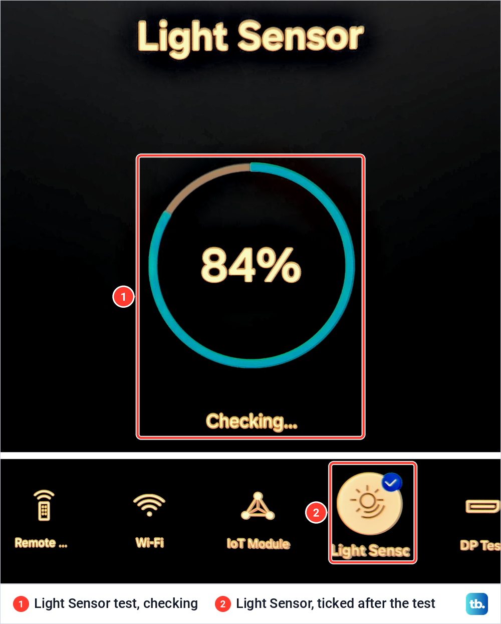Samsung Self Diagnosis Light Sensor test at 84 percent, then the Light Sensor tile with a tick.