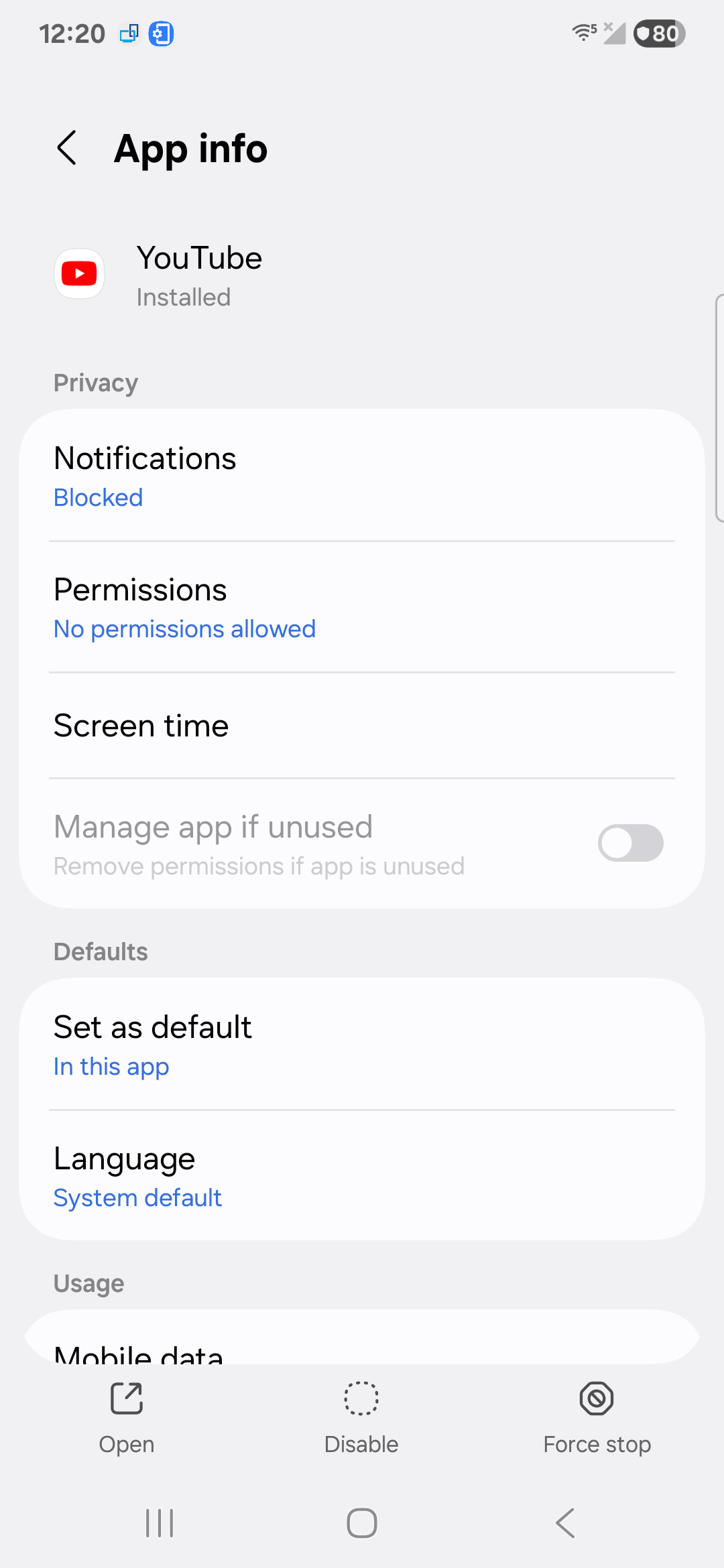 Samsung App info screen with Notifications, Permissions and the Open, Disable and Force stop buttons