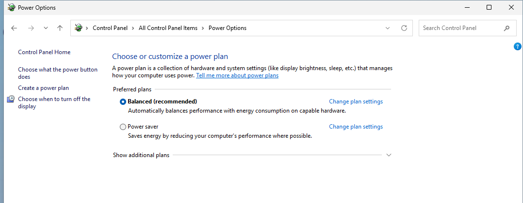Windows 11 Control Panel Power Options with the Balanced plan, Change plan settings and Choose what the power button does