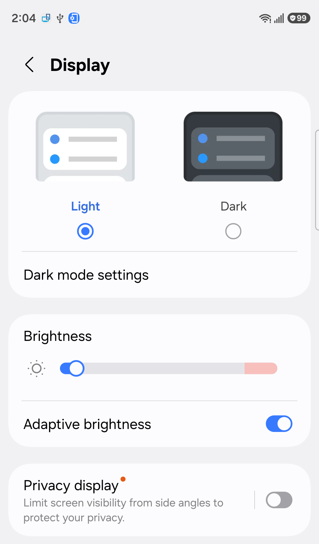 Samsung Galaxy Display settings with Light and Dark options and Dark mode settings