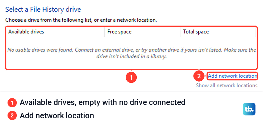 Select a File History drive window with an empty drive list and an Add network location link.