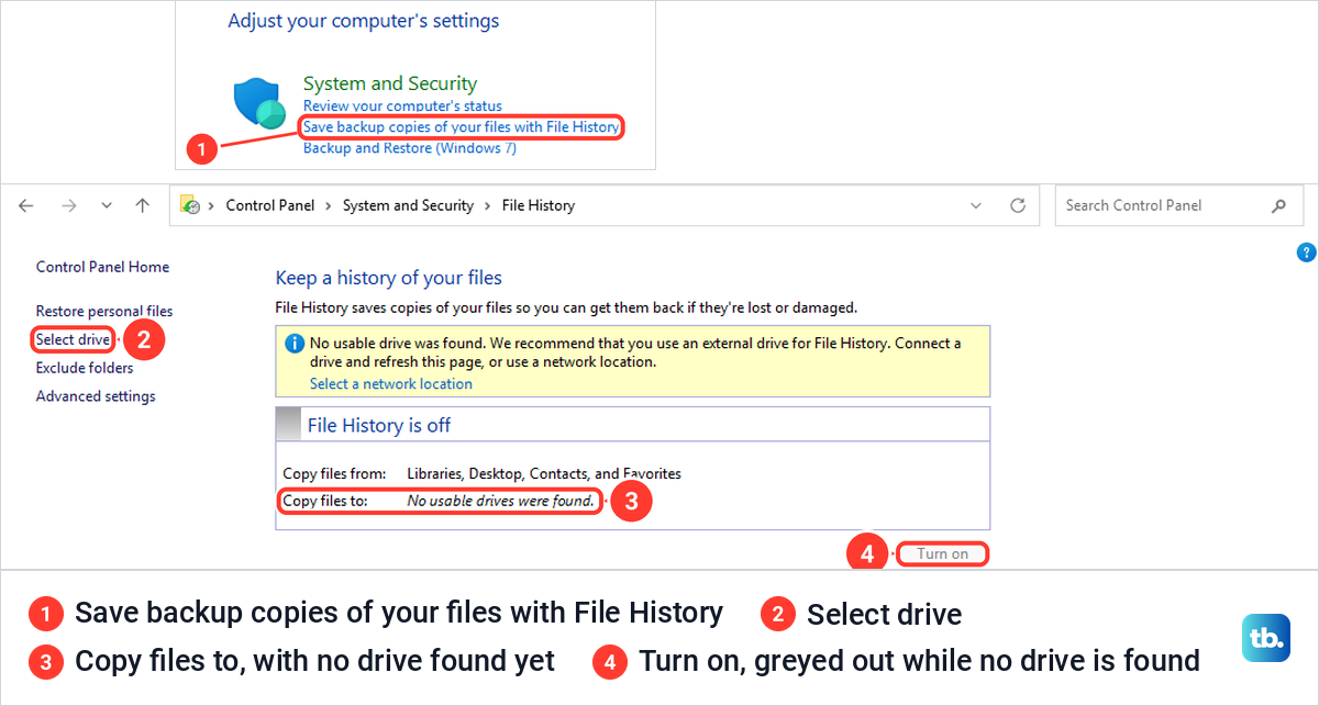Control Panel link to File History above the File History page reporting that no usable drive was found.