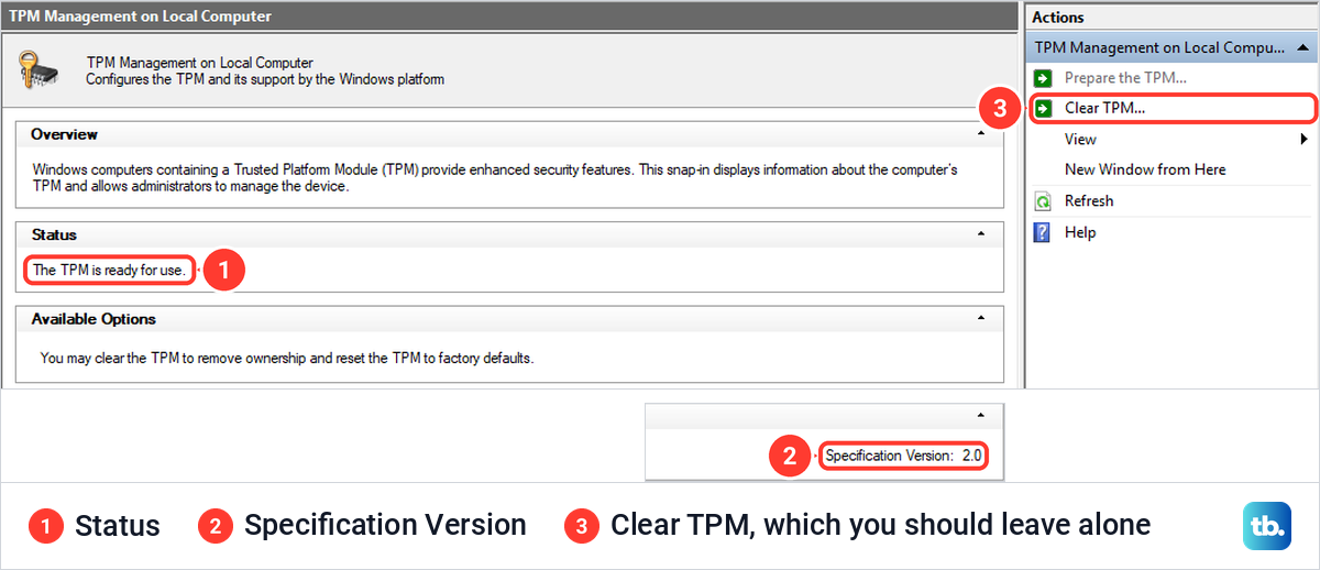 TPM Management console on Windows 11 showing the TPM is ready for use and Specification Version 2.0.