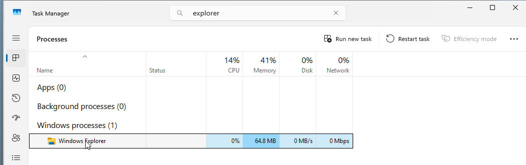 Windows 11 Task Manager with Windows Explorer selected and the Restart task button at the top