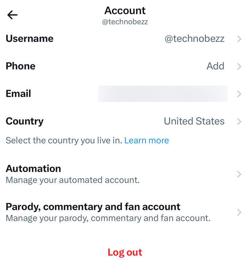 X Account information screen with Username, Phone, Email, Country and Log out