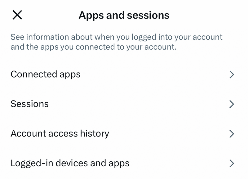 X Apps and sessions settings with Connected apps, Sessions and Account access history