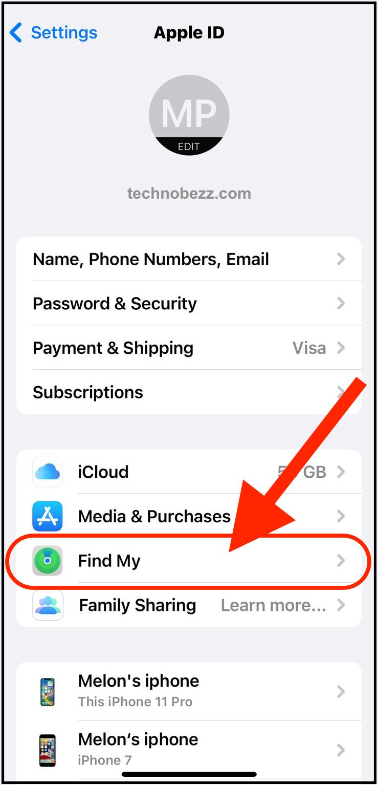 iOS 16 Settings > Apple ID > Find My.jpg