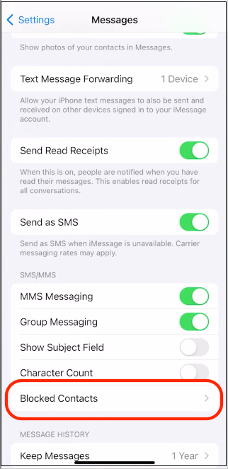 iOS iPhone settings > Messages > Blocked Contacts.png