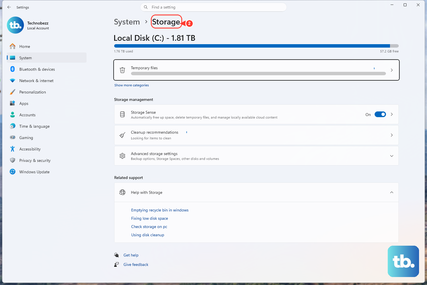 Open Settings > System > Storage to see what is using space, then use the cleanup recommendations or Storage Sense to free up room.