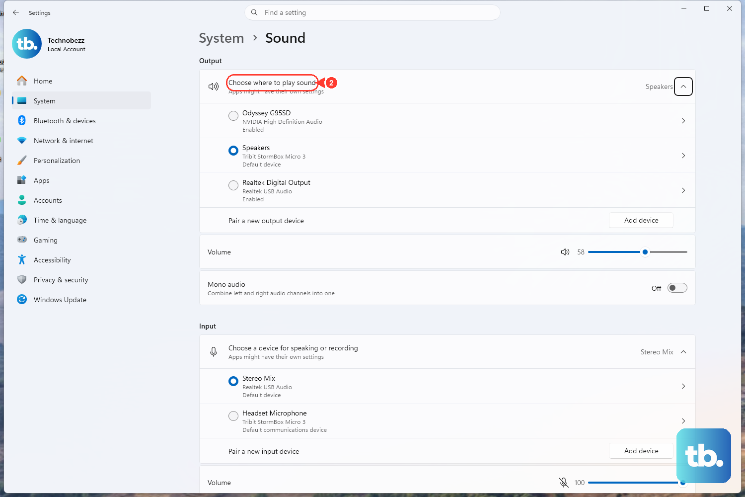 Open Settings > System > Sound and confirm the correct output device is selected under Choose where to play sound, then check the volume level.