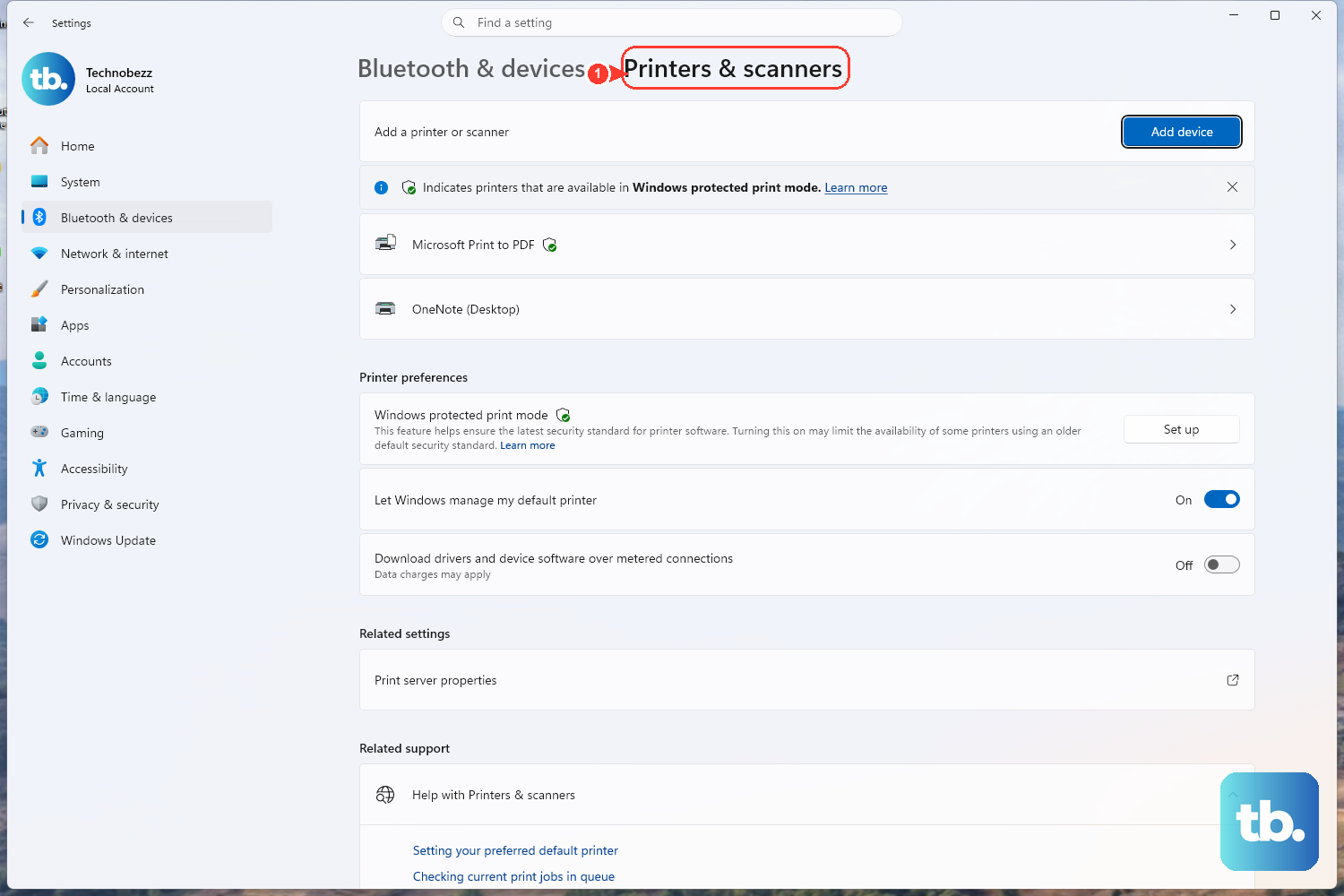 Open Settings > Bluetooth & devices > Printers & scanners and select your printer to open its queue, set it as default, or remove and re-add it.