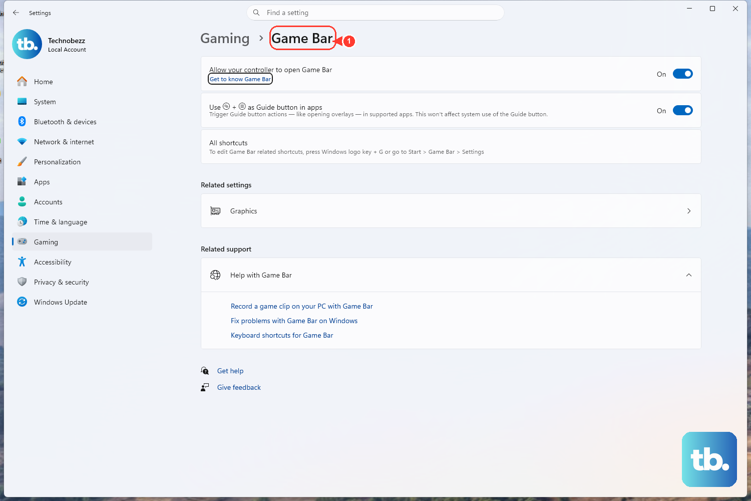 Open Settings > Gaming > Game Bar to turn the Xbox Game Bar on or off and manage its controller shortcut.