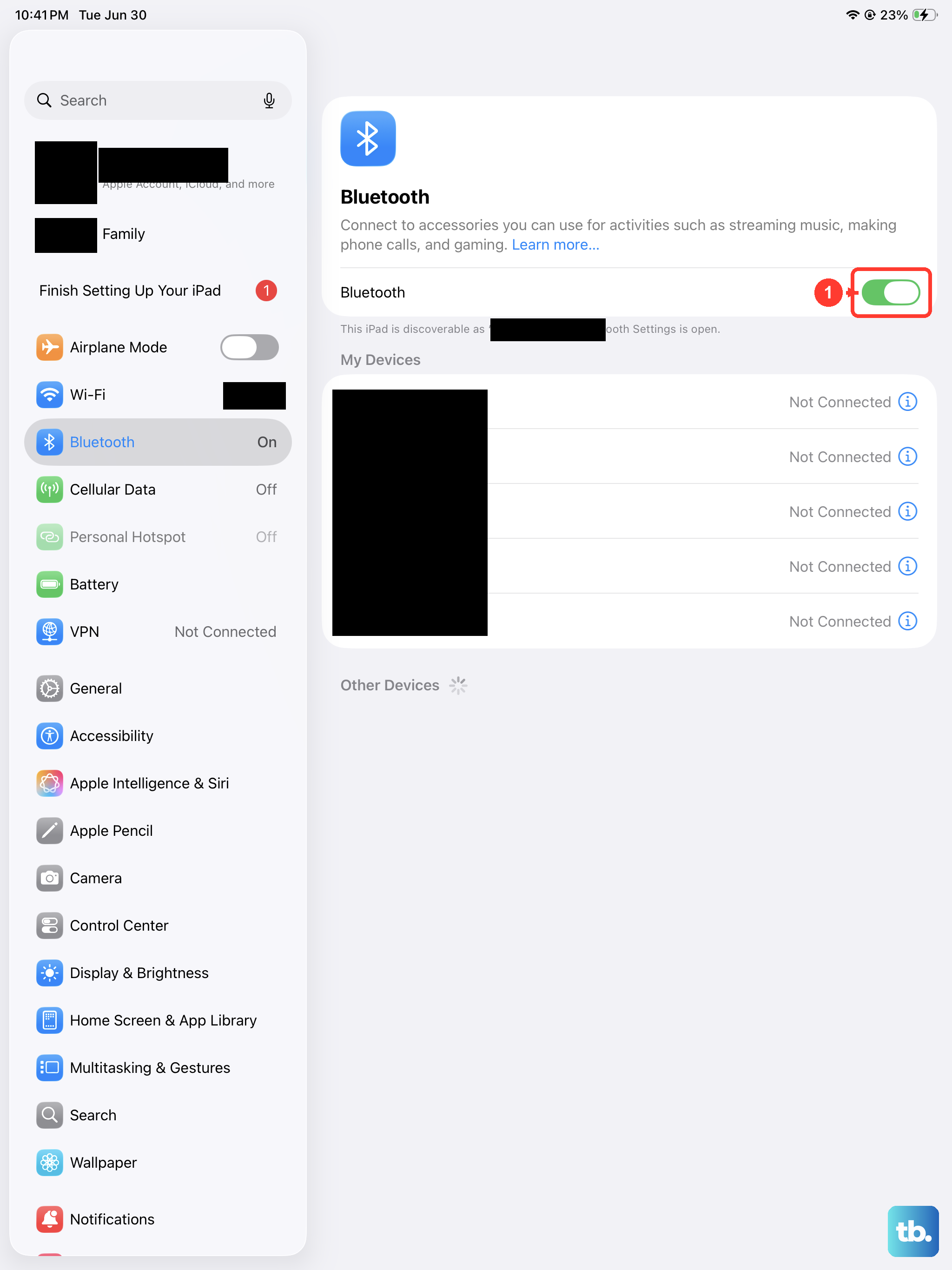 Open Settings > Bluetooth and confirm the Bluetooth switch at the top is turned on.