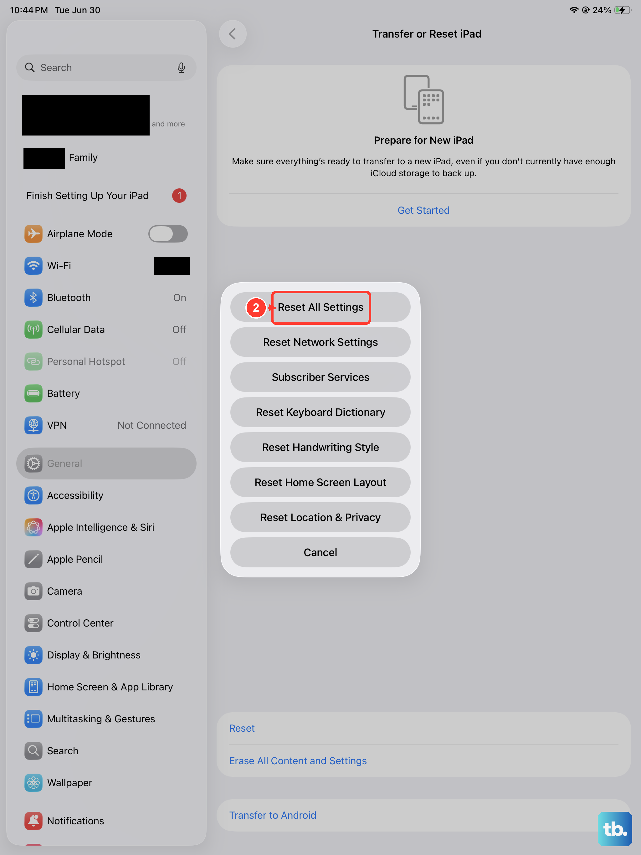 Go to Settings > General > Transfer or Reset iPad, tap Reset, then choose Reset All Settings to revert every preference without deleting your photos, apps, or media.