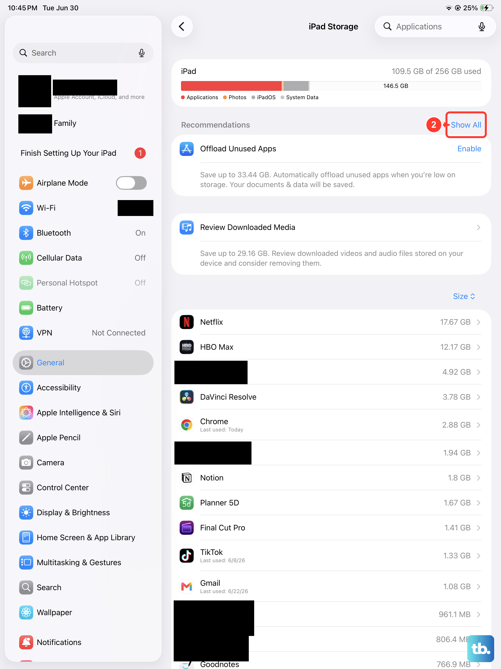 In Settings > General > iPad Storage, tap an app and choose Offload App to reclaim its space while keeping its documents and data.