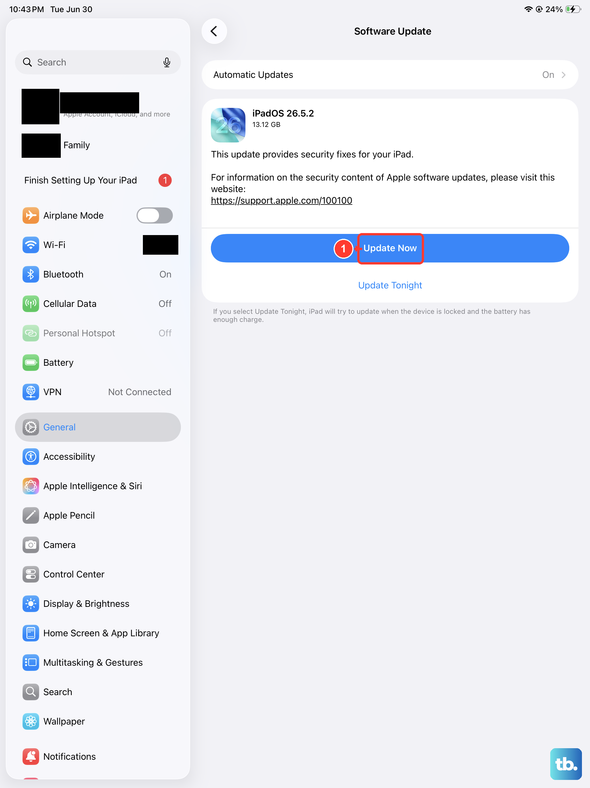 Open Settings > General > Software Update and, if an update is available, tap Update Now (Download and Install) while connected to power.