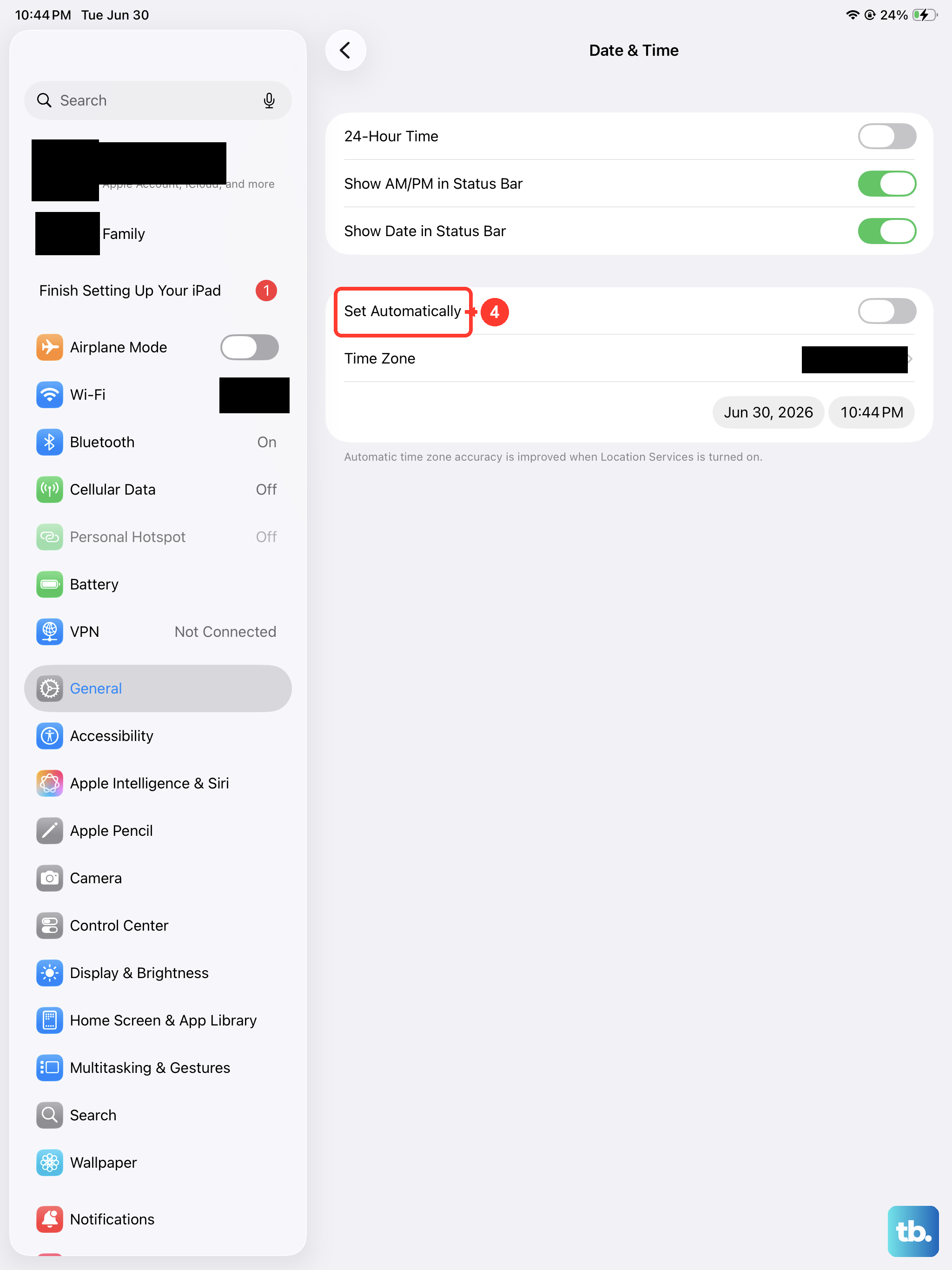 Open Settings > General > Date & Time and turn on Set Automatically so the clock matches your network.