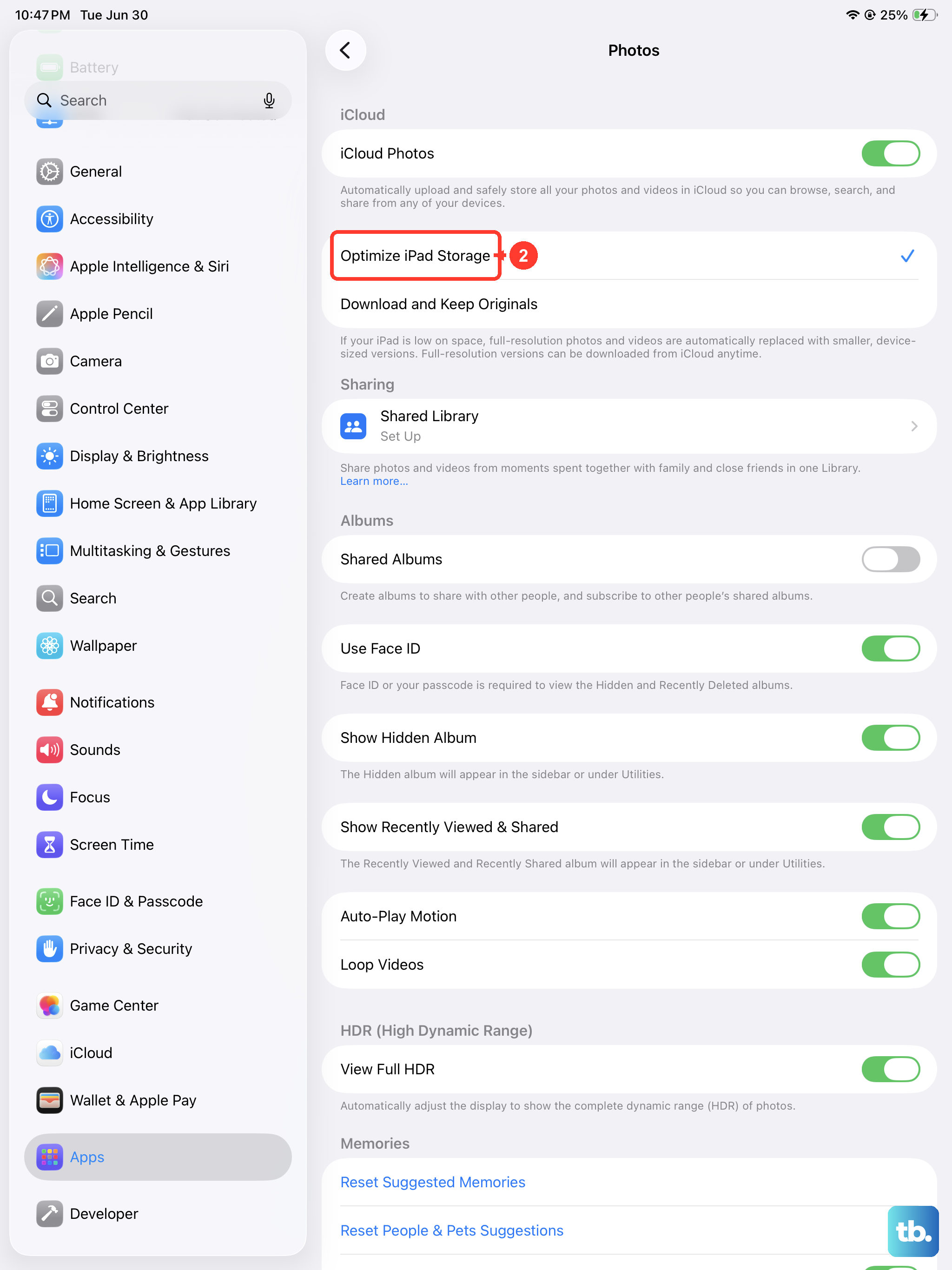 Open Settings > Photos and choose Optimize iPad Storage so full-resolution photos move to iCloud and free up local space.