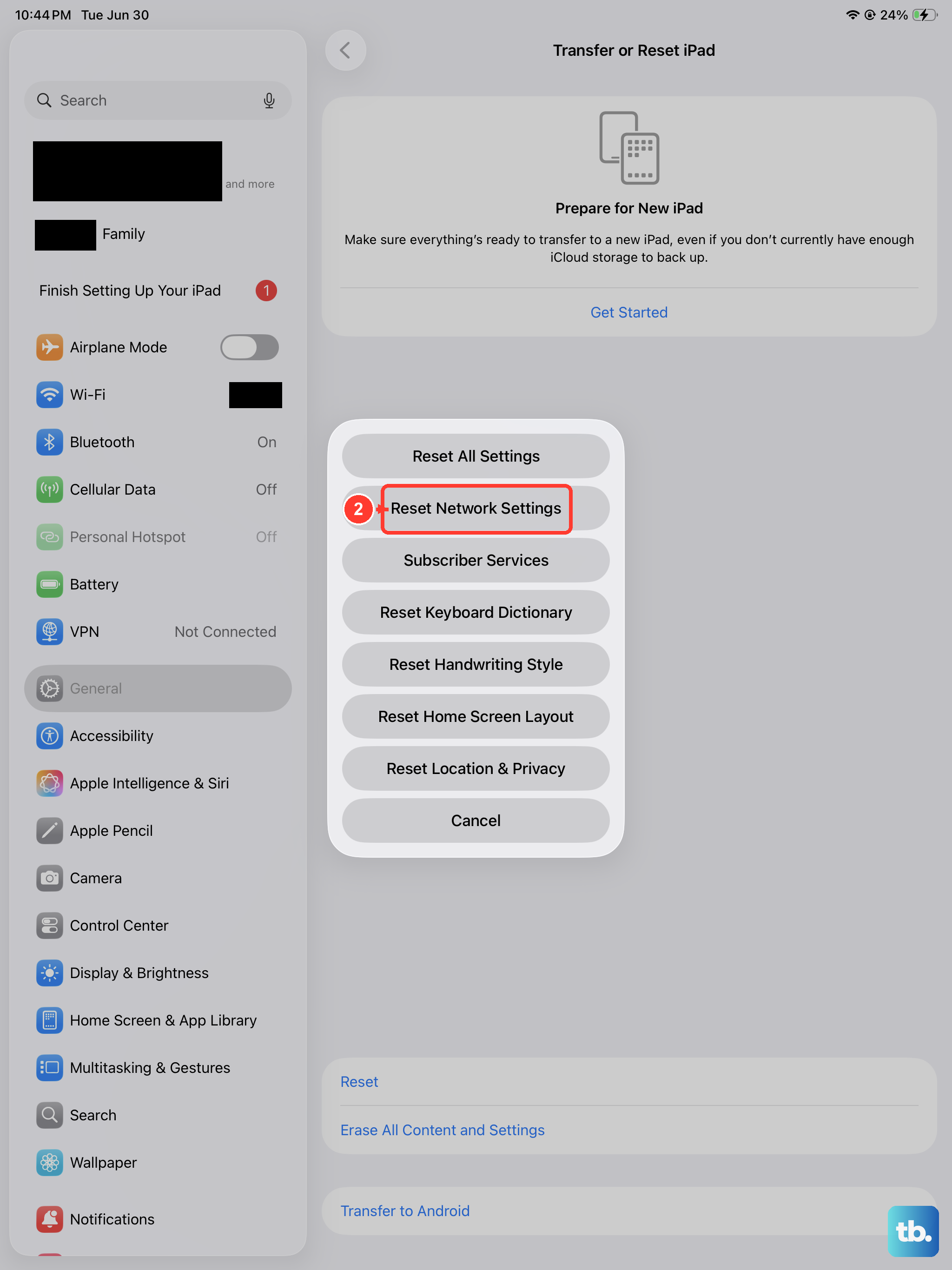 Go to Settings > General > Transfer or Reset iPad, tap Reset, then choose Reset Network Settings to clear every saved Wi-Fi network, VPN, and Bluetooth pairing.