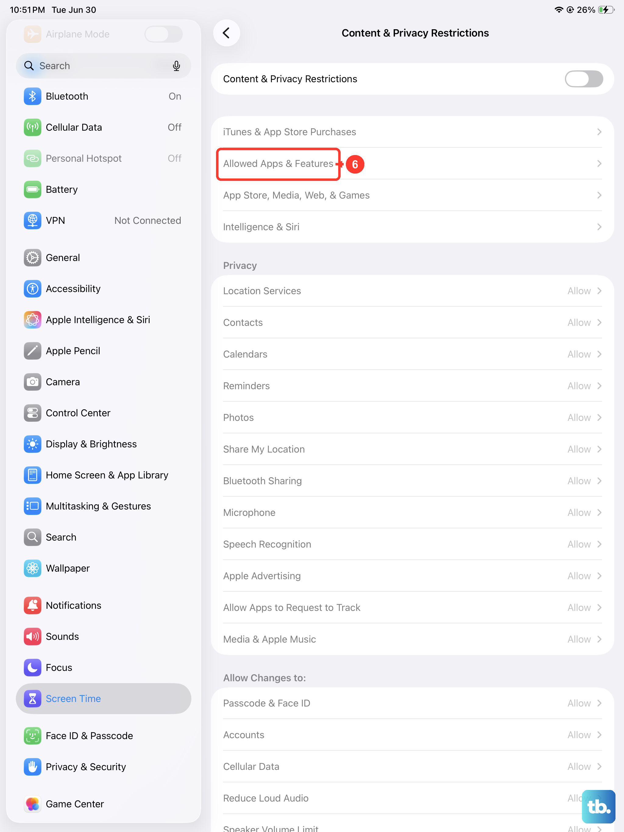 Open Settings > Screen Time > Content & Privacy Restrictions and make sure the feature you need is allowed.
