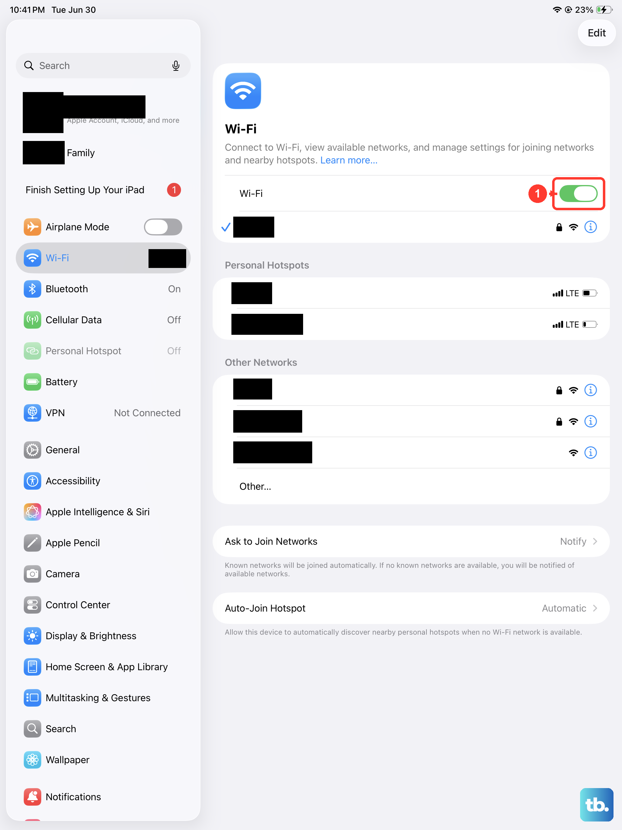 Open Settings > Wi-Fi and make sure the Wi-Fi switch at the top is turned on, then tap your network to reconnect.