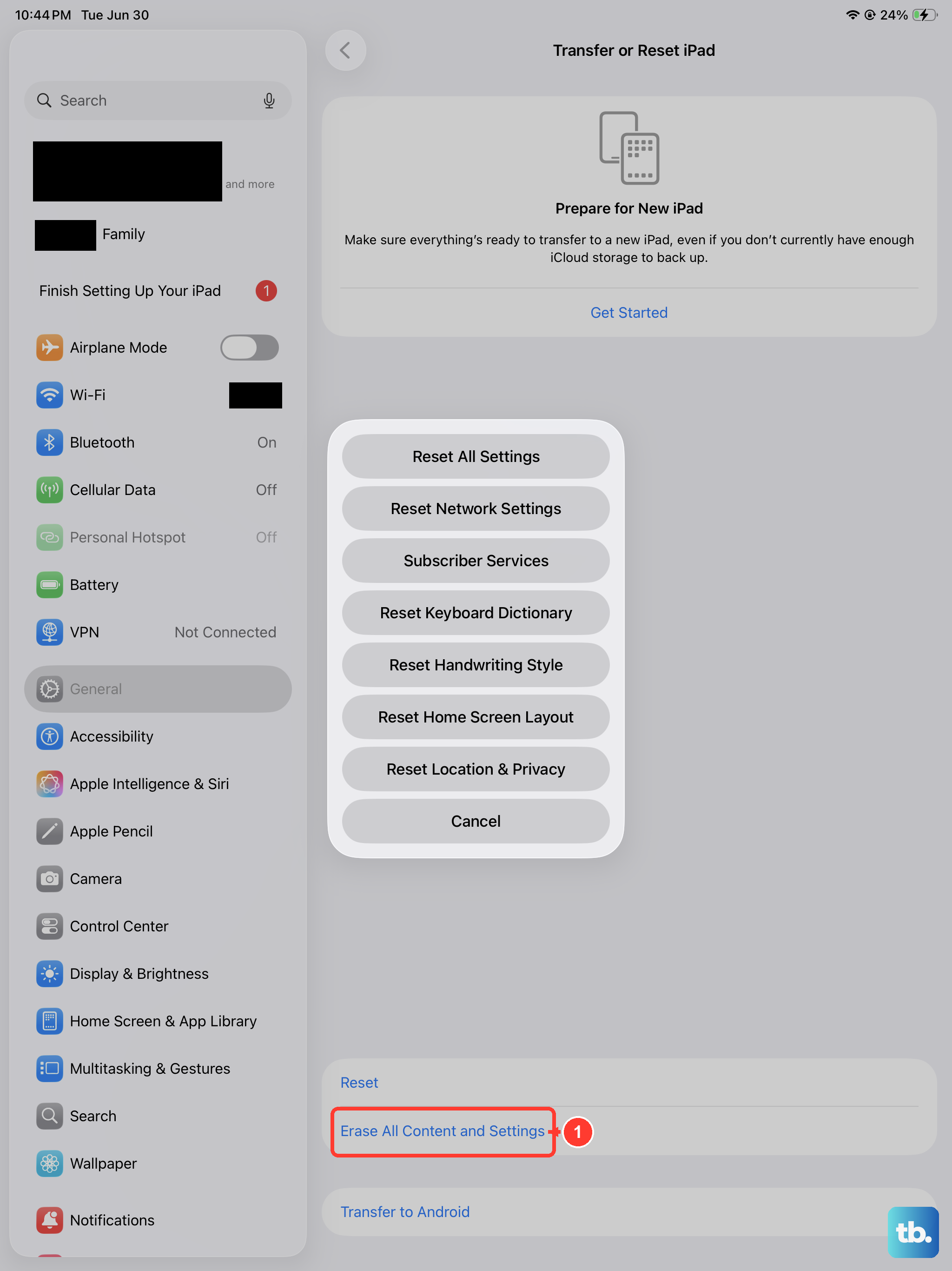 Go to Settings > General > Transfer or Reset iPad and choose Erase All Content and Settings to factory reset the iPad (back up first).