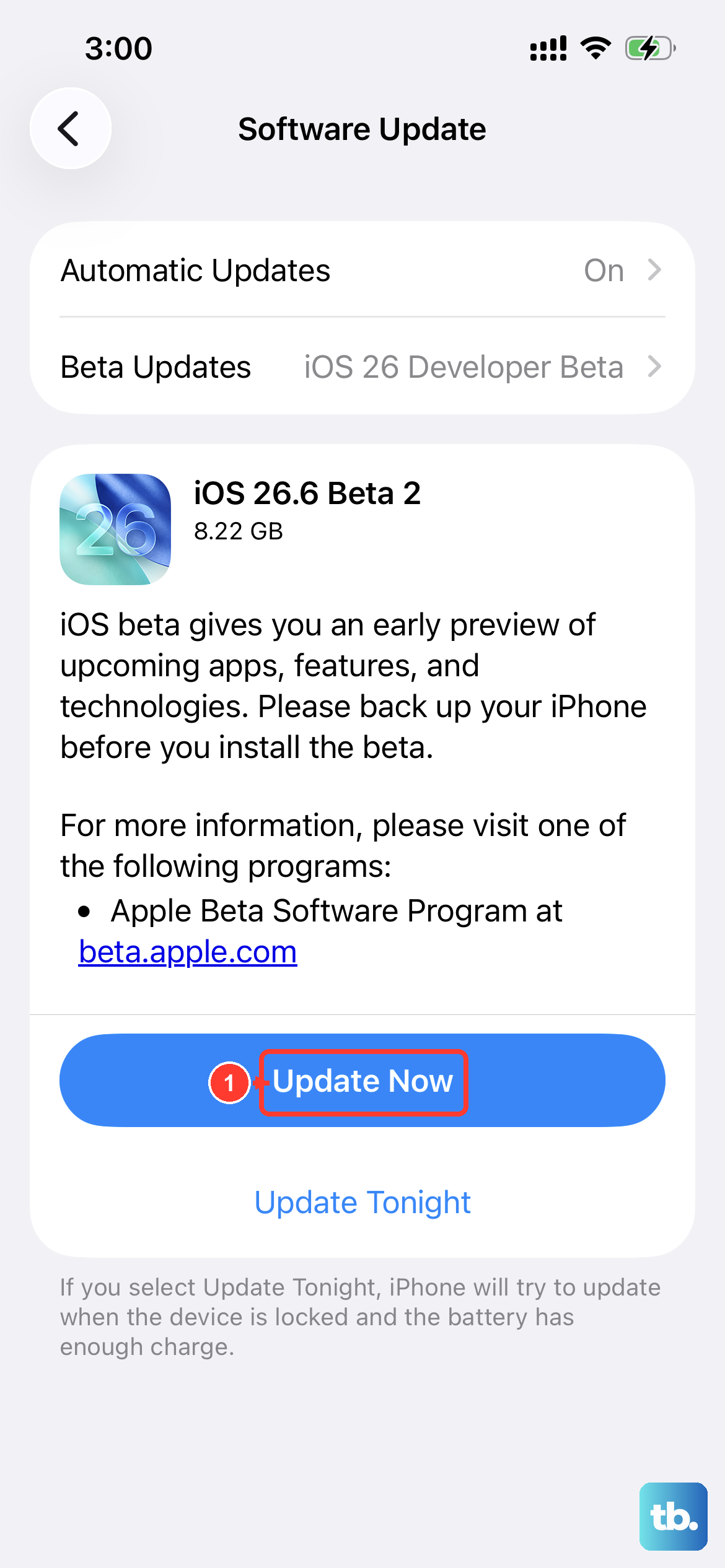 Open Settings > General > Software Update and, if an update is available, tap Update Now (Download and Install) while connected to power.