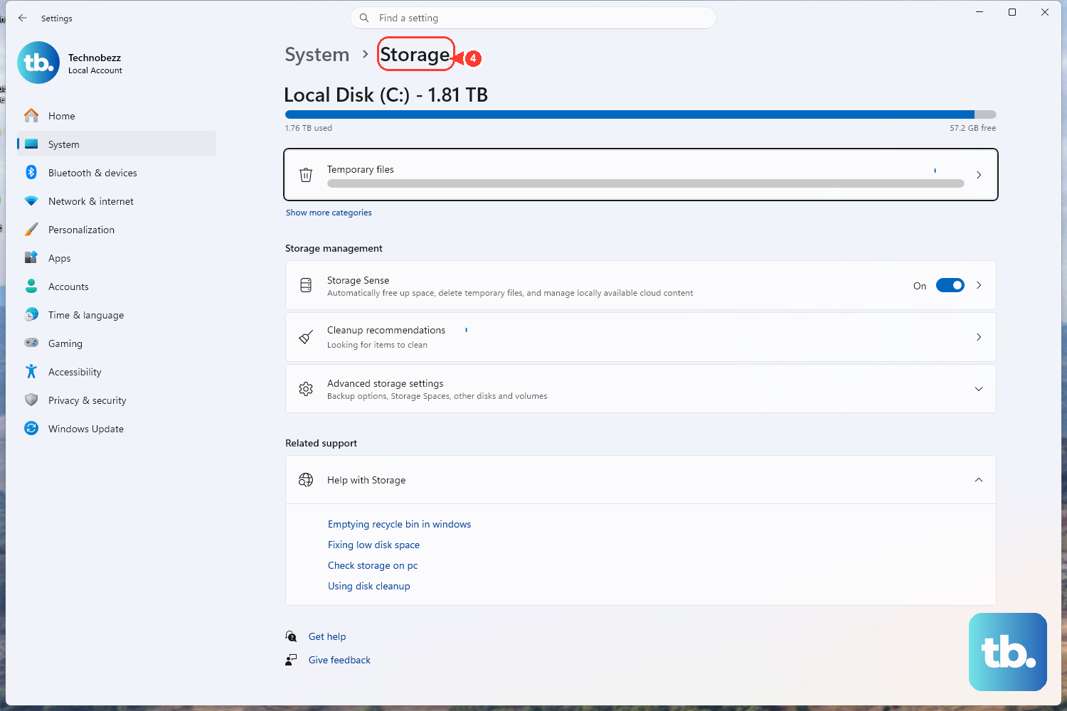 Open Settings > System > Storage to see what is using space, then use the cleanup recommendations or Storage Sense to free up room.