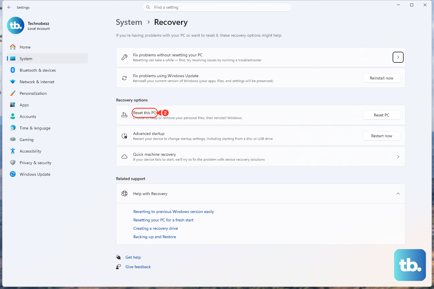 Open Settings > System > Recovery and click Reset PC, then choose whether to keep your files or remove everything (back up first).