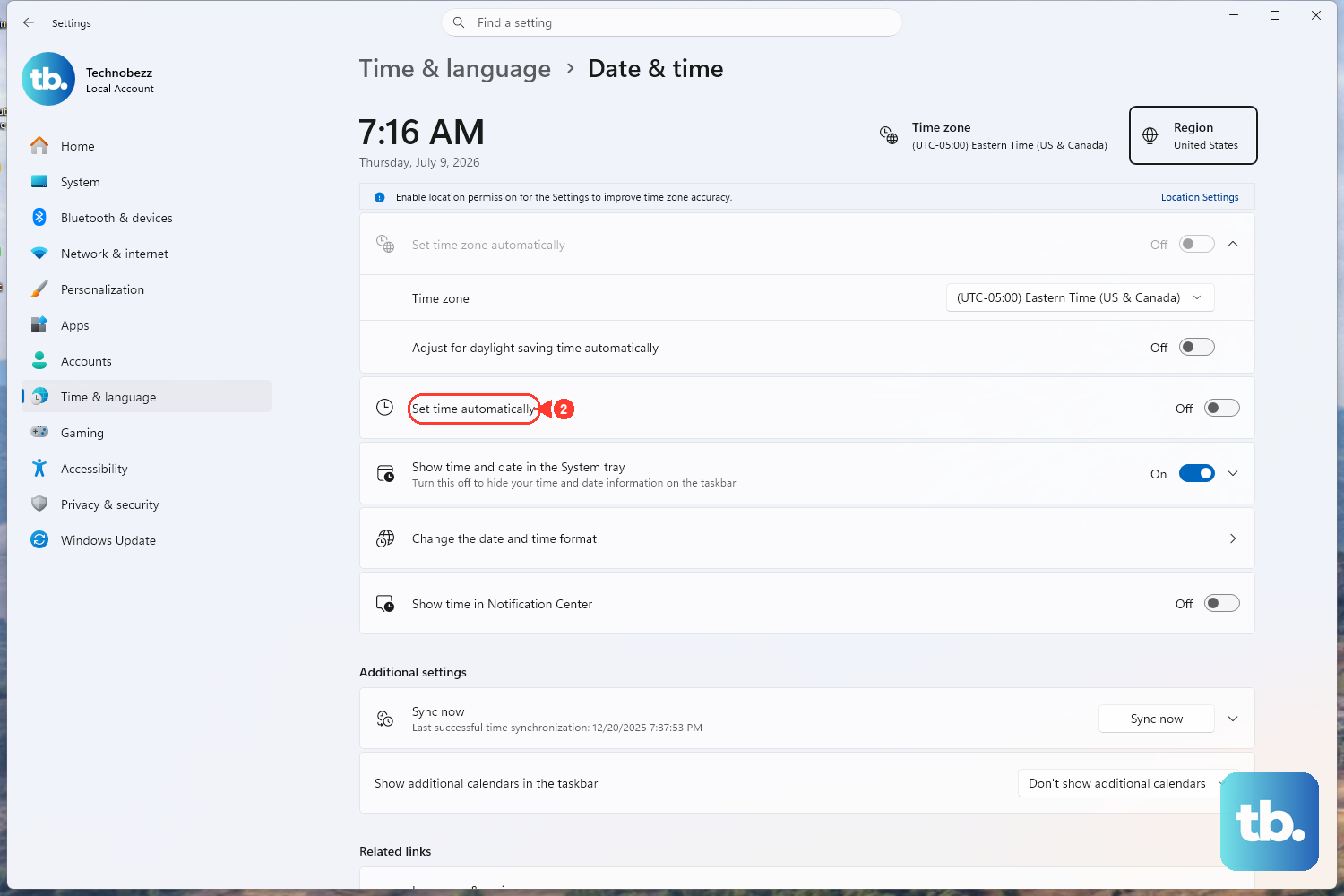 Open Settings > Time & language > Date & time and turn on Set time automatically, then click Sync now under Additional settings.