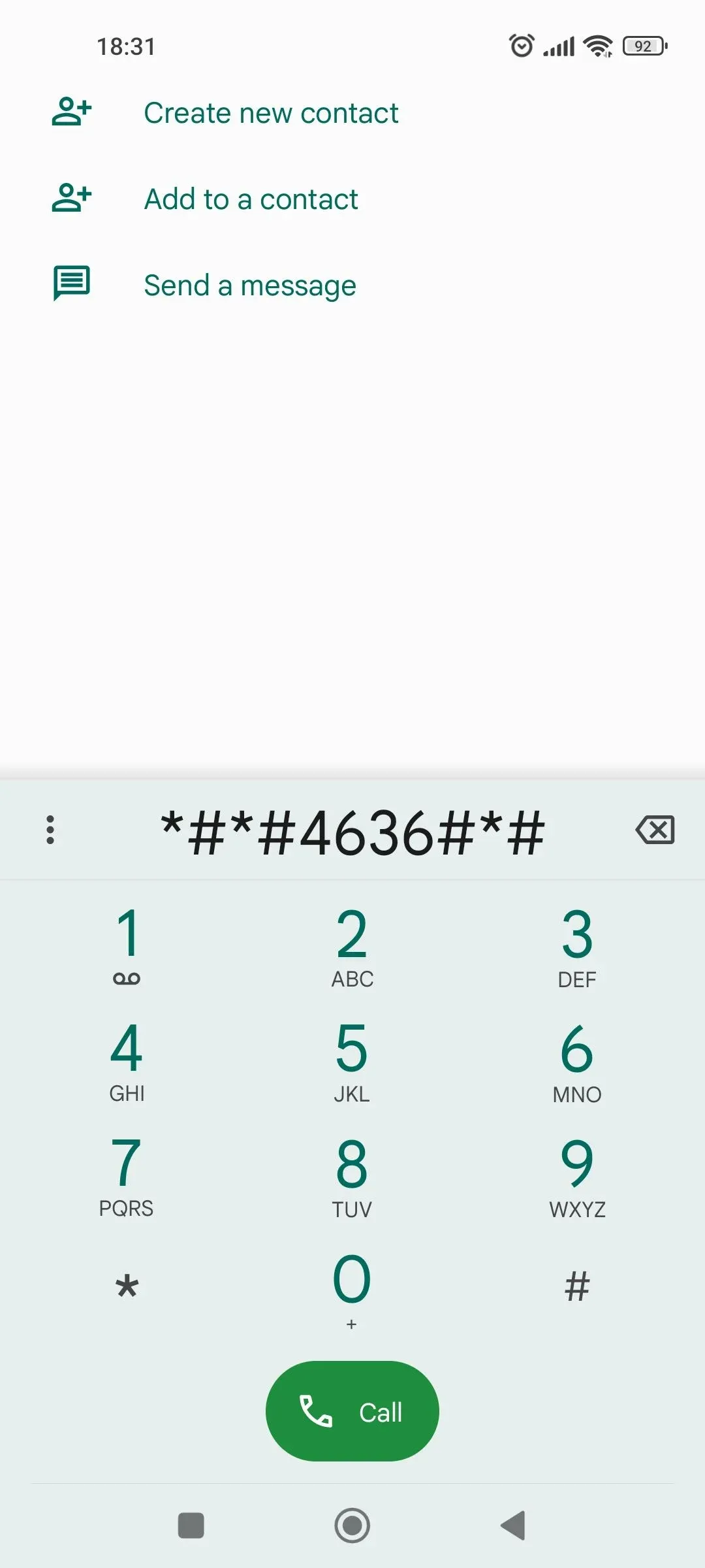 Phone dialer with *#*#4636#*#* 