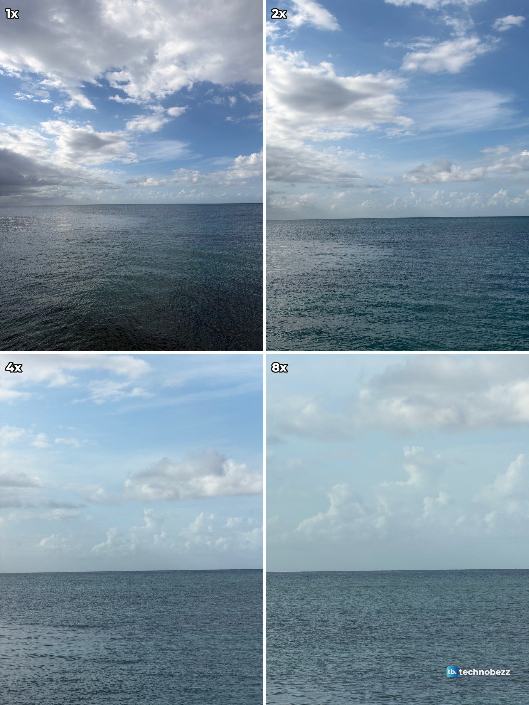 Four photos of the same sea horizon and clouds at 1x, 2x, 4x and 8x zoom