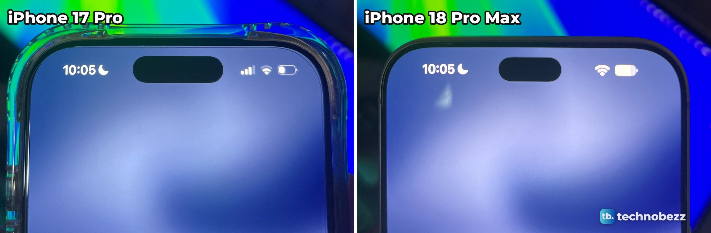 Two close photos side by side, the top of the iPhone 17 Pro screen on the left and the top of the iPhone 18 Pro Max screen on the right, both showing 10:05 and an empty Dynamic Island