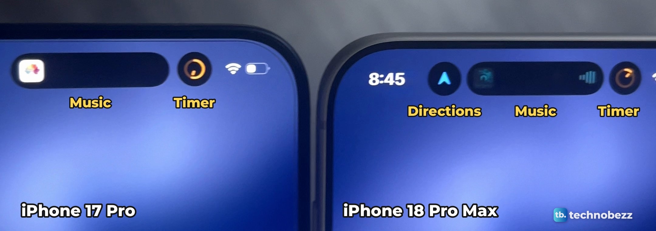 Top edges of an iPhone 17 Pro and an iPhone 18 Pro Max in one frame at 8:45, with labels under each part of the Dynamic Island, Music and Timer on the 17 Pro, Directions, Music and Timer on the 18 Pro Max