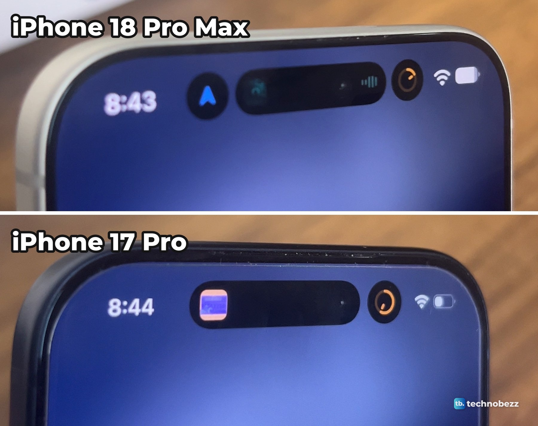 Close-ups of the Dynamic Island on an iPhone 18 Pro Max showing a blue arrow, a music pill and a timer ring, and on an iPhone 17 Pro showing a music pill and a timer ring