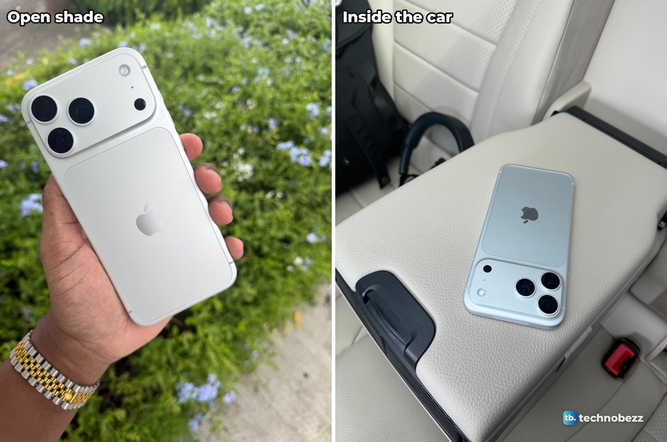 Two photos of the silver iPhone 18 Pro Max, one held against a hedge with blue flowers and one lying on a beige car armrest