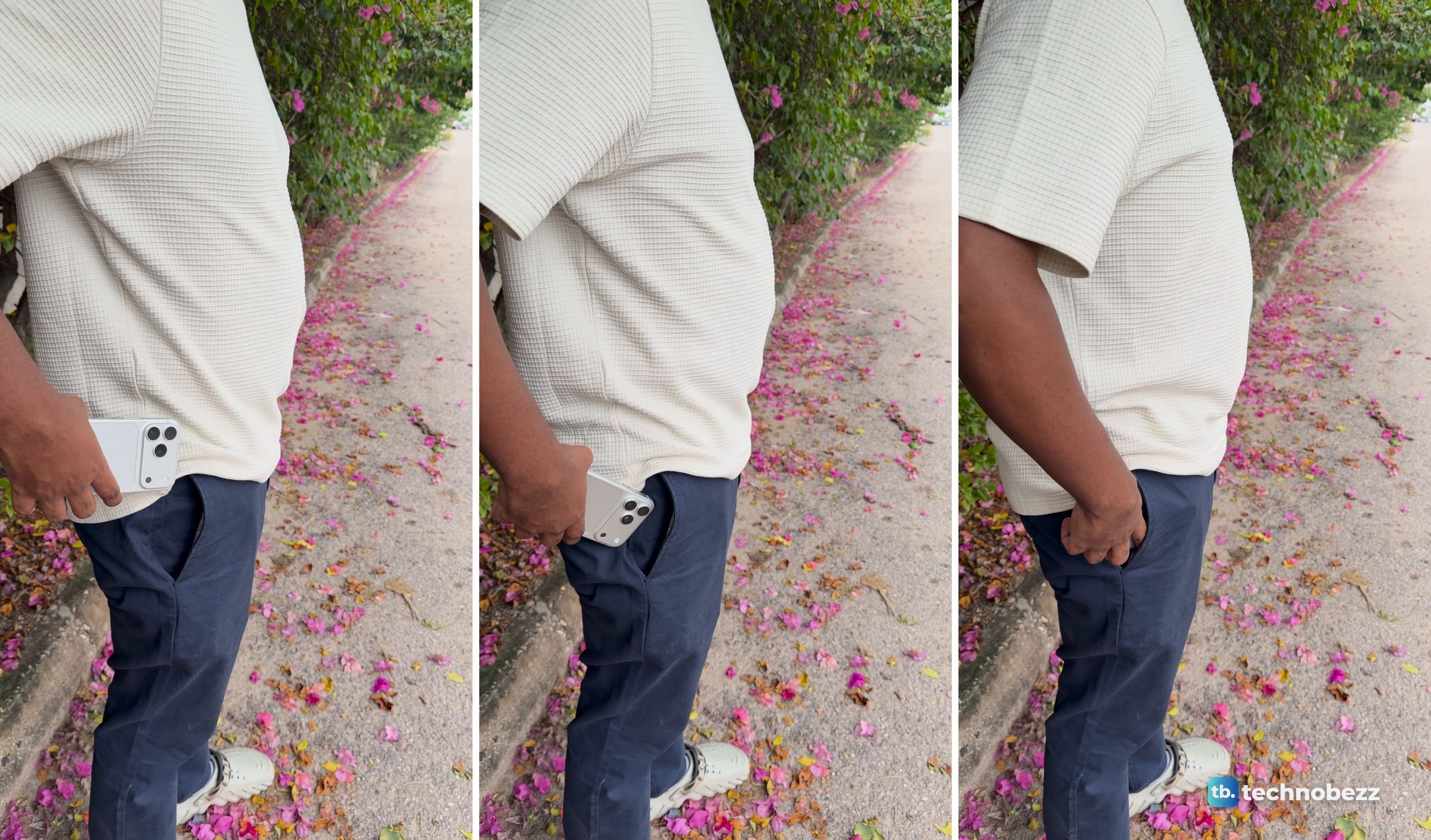 Three video frames of a hand sliding the silver iPhone 18 Pro Max into a navy trouser pocket