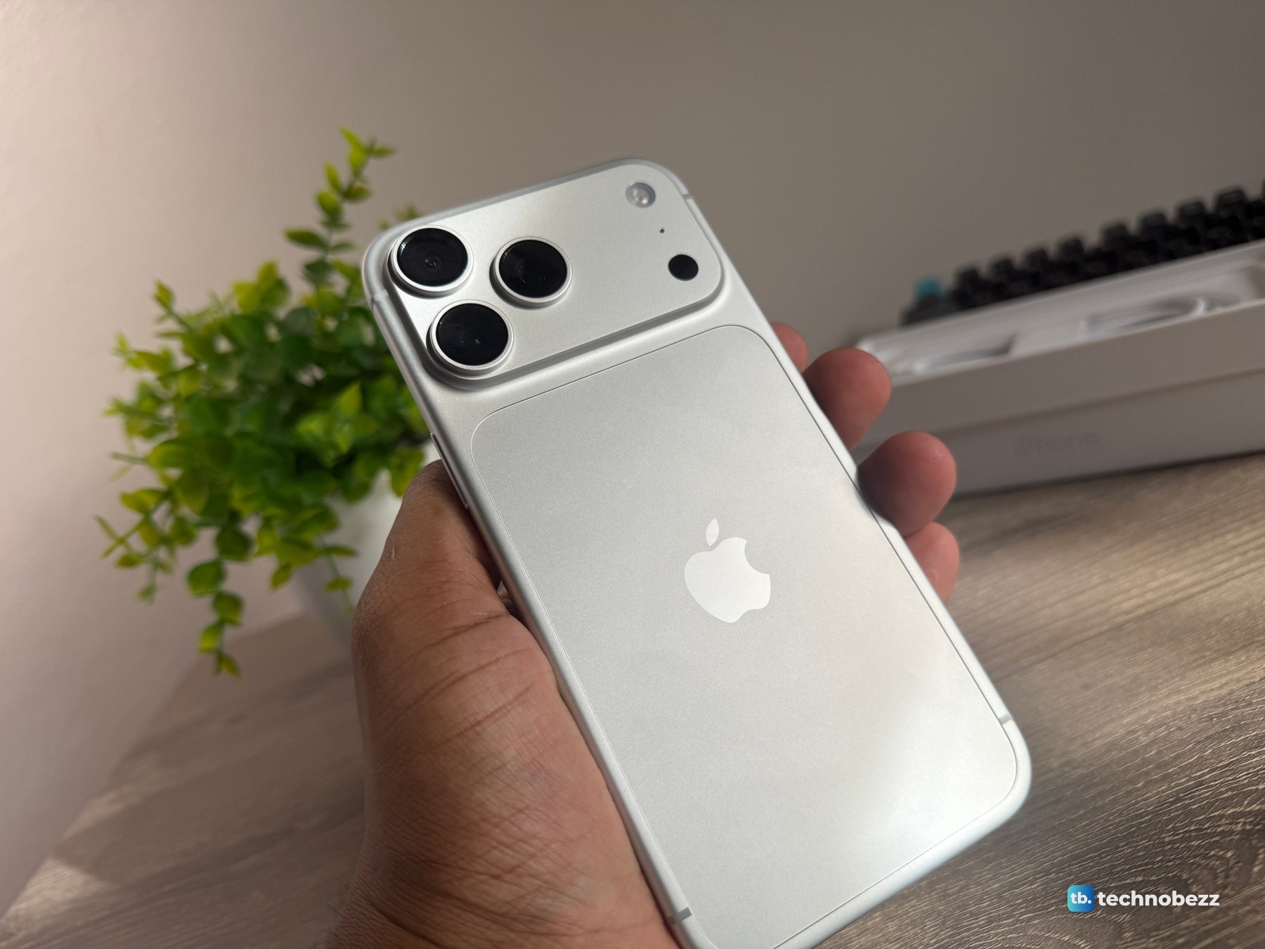 Silver iPhone 18 Pro Max held at a desk in daylight, the back reading almost white, with a small plant and the open box behind it
