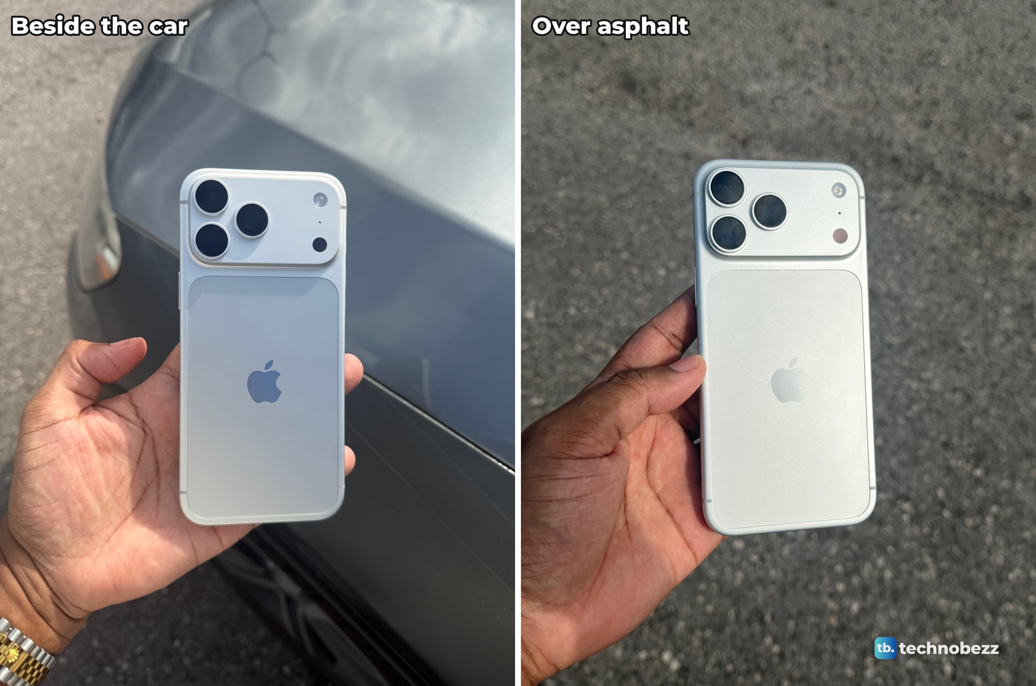 Two photos of the silver iPhone 18 Pro Max in hard sun, pale blue beside a gray car on the left and white over asphalt on the right