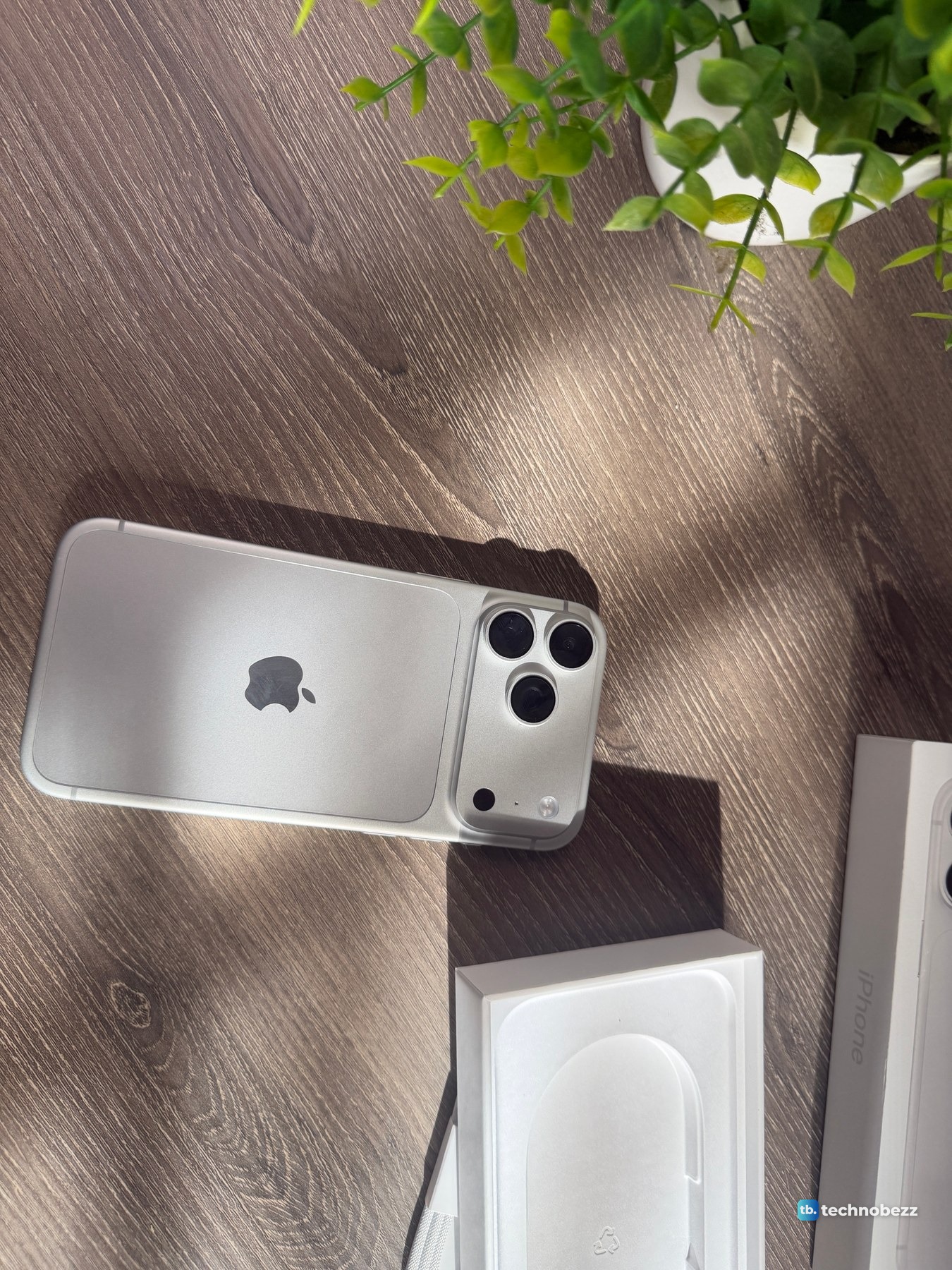 Silver iPhone 18 Pro Max lying face down on a wood desk in stripes of sunlight, next to its white box and a plant