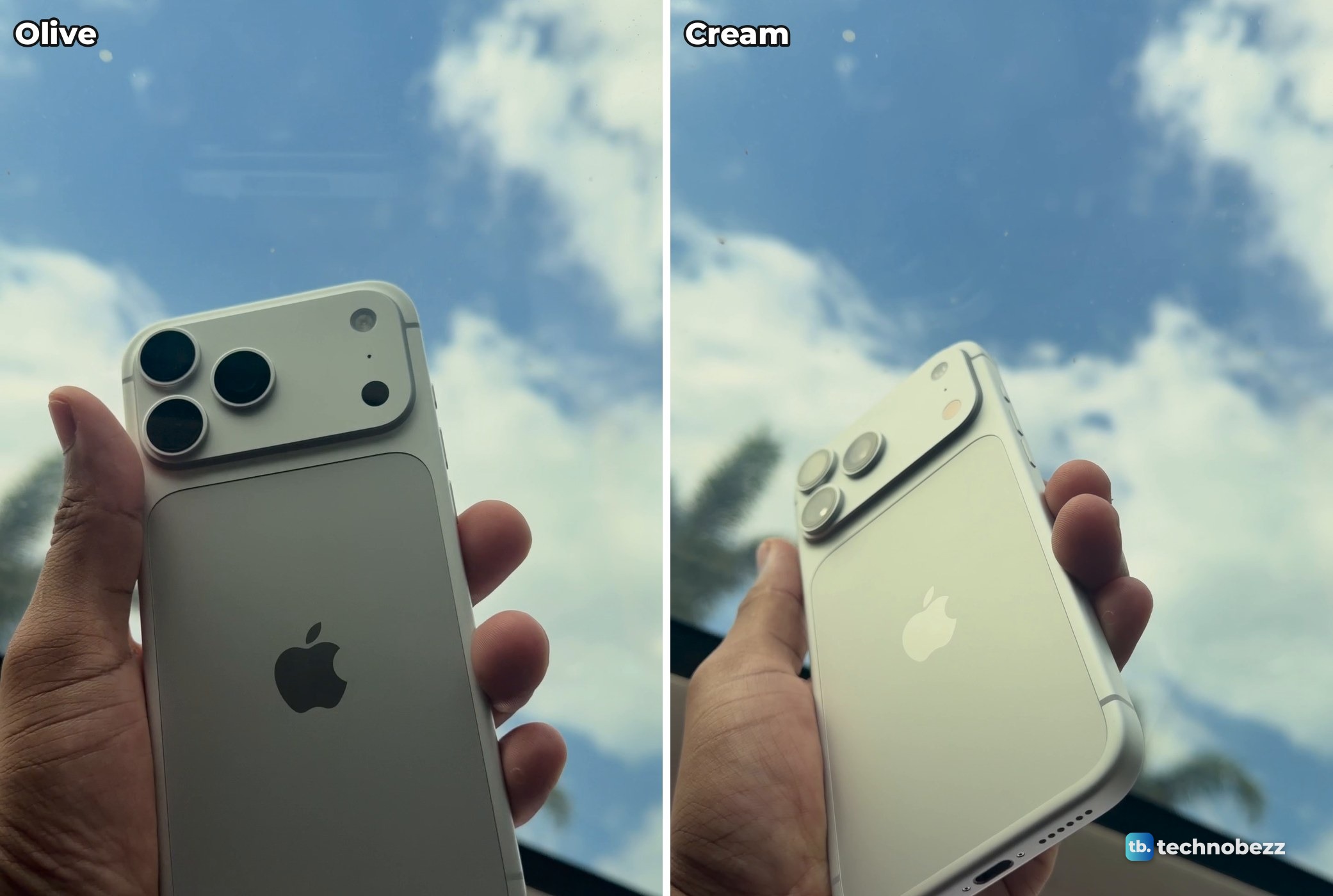 Two video frames of the silver iPhone 18 Pro Max held up to the sky through a sunroof, olive on the left and cream on the right