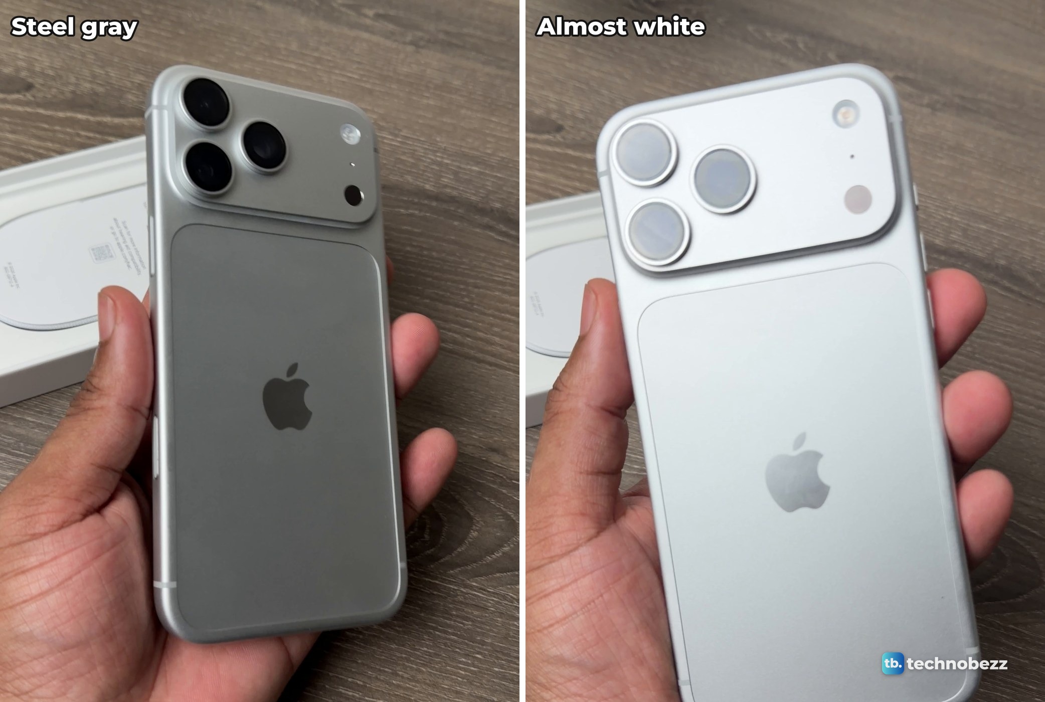 Two video frames of the silver iPhone 18 Pro Max in a hand over a desk, steel gray on the left and almost white on the right