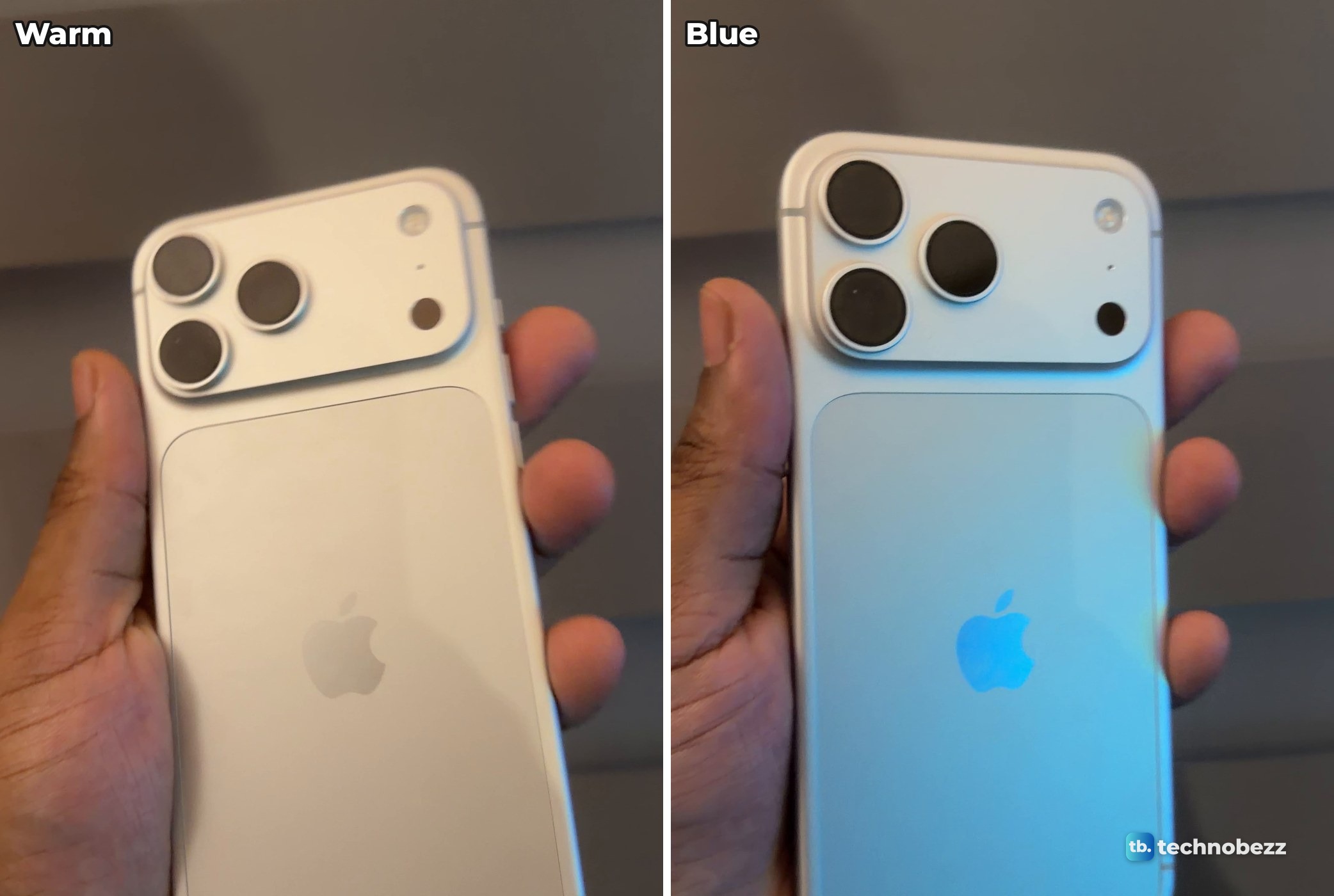 Two video frames of the silver iPhone 18 Pro Max in a hand indoors, warm cream on the left and light blue on the right