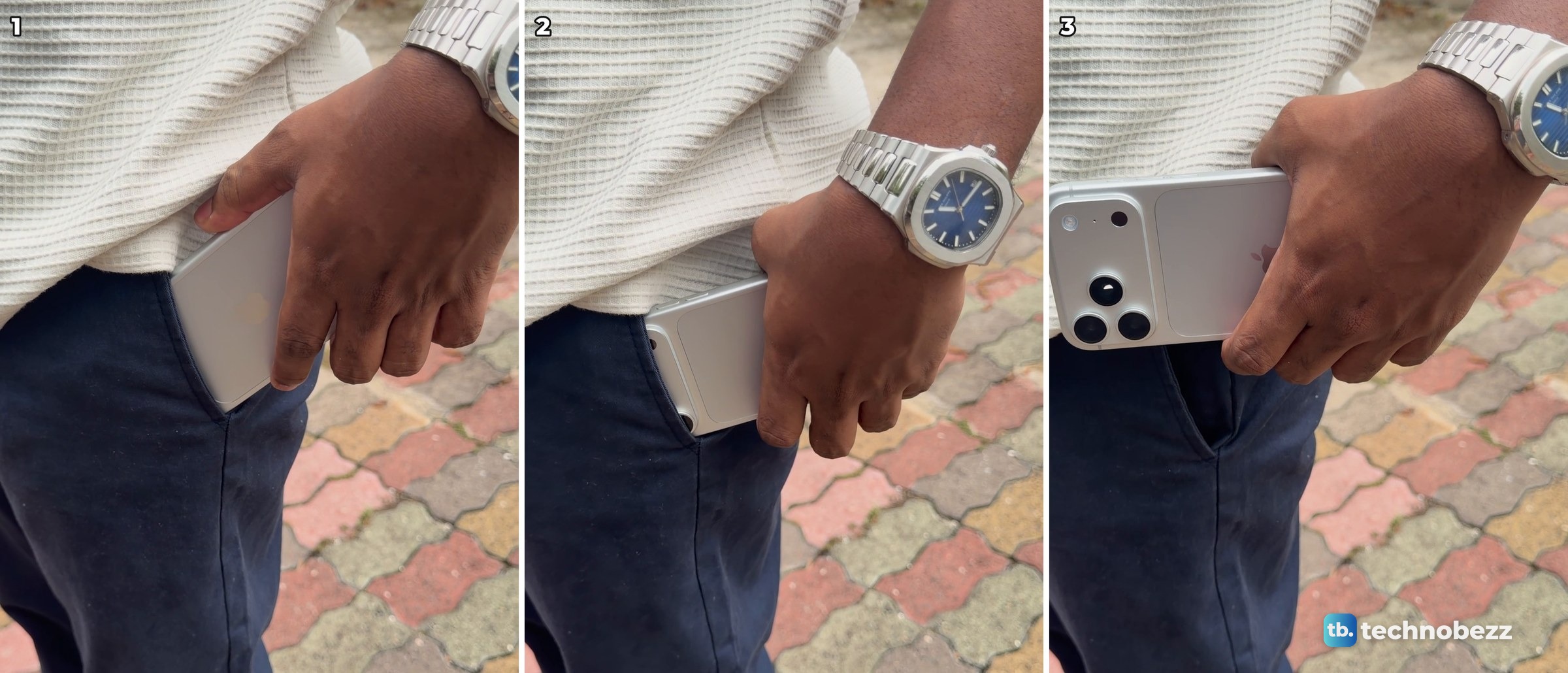 Three video frames of the iPhone 18 Pro Max being drawn out of a front trouser pocket, ending with the whole phone in the hand