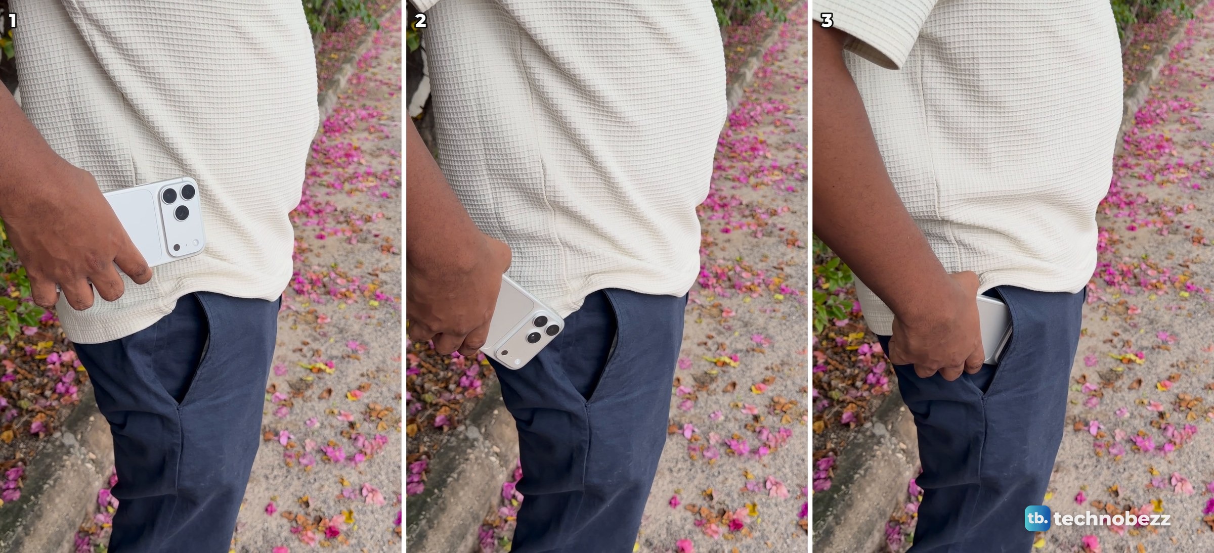 Three video frames of the iPhone 18 Pro Max held at the hip, tipping into a front trouser pocket, and almost fully inside it