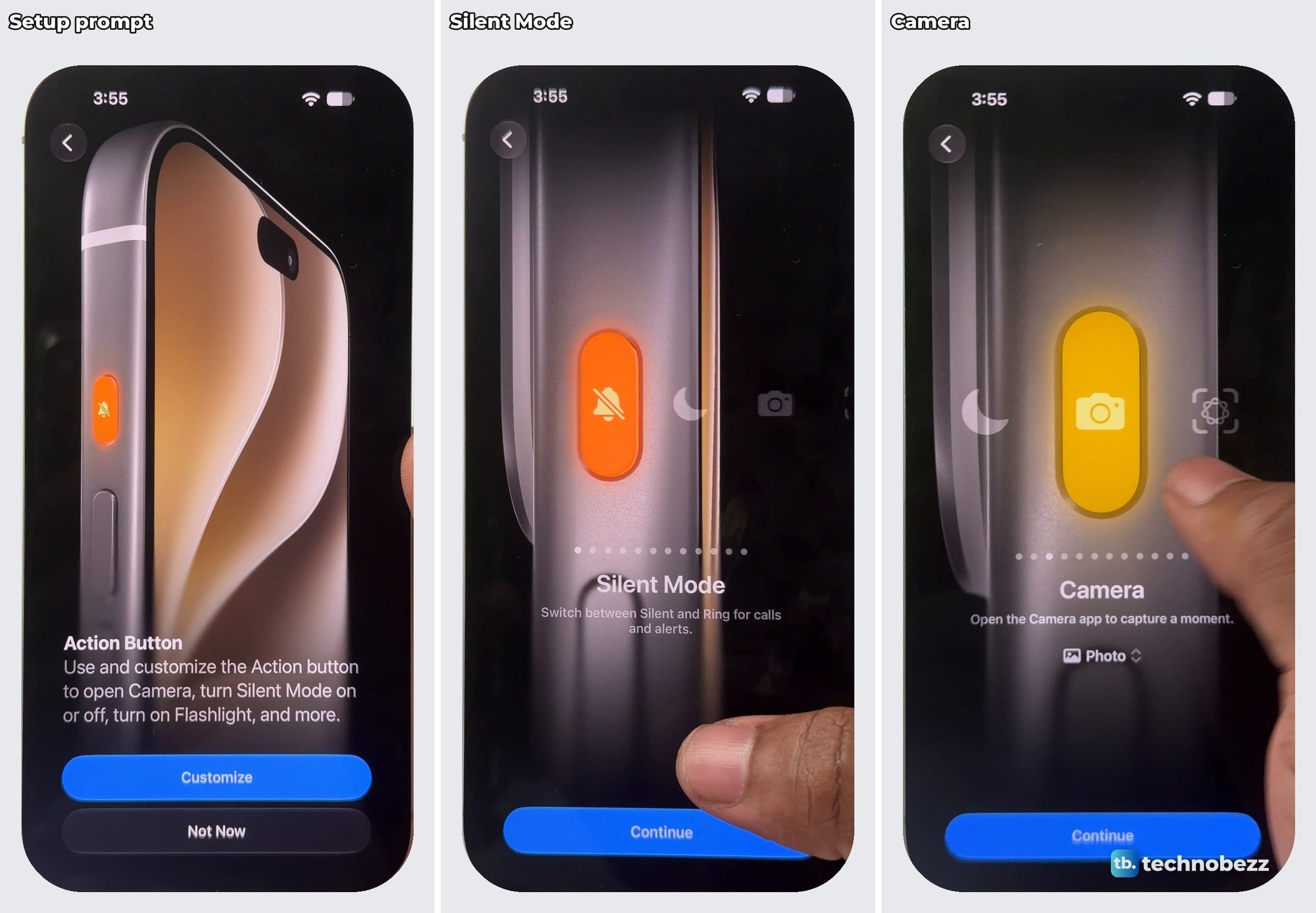 Three iPhone 18 Pro Max screens side by side: the Action Button prompt, the Silent Mode option in orange and the Camera option in yellow