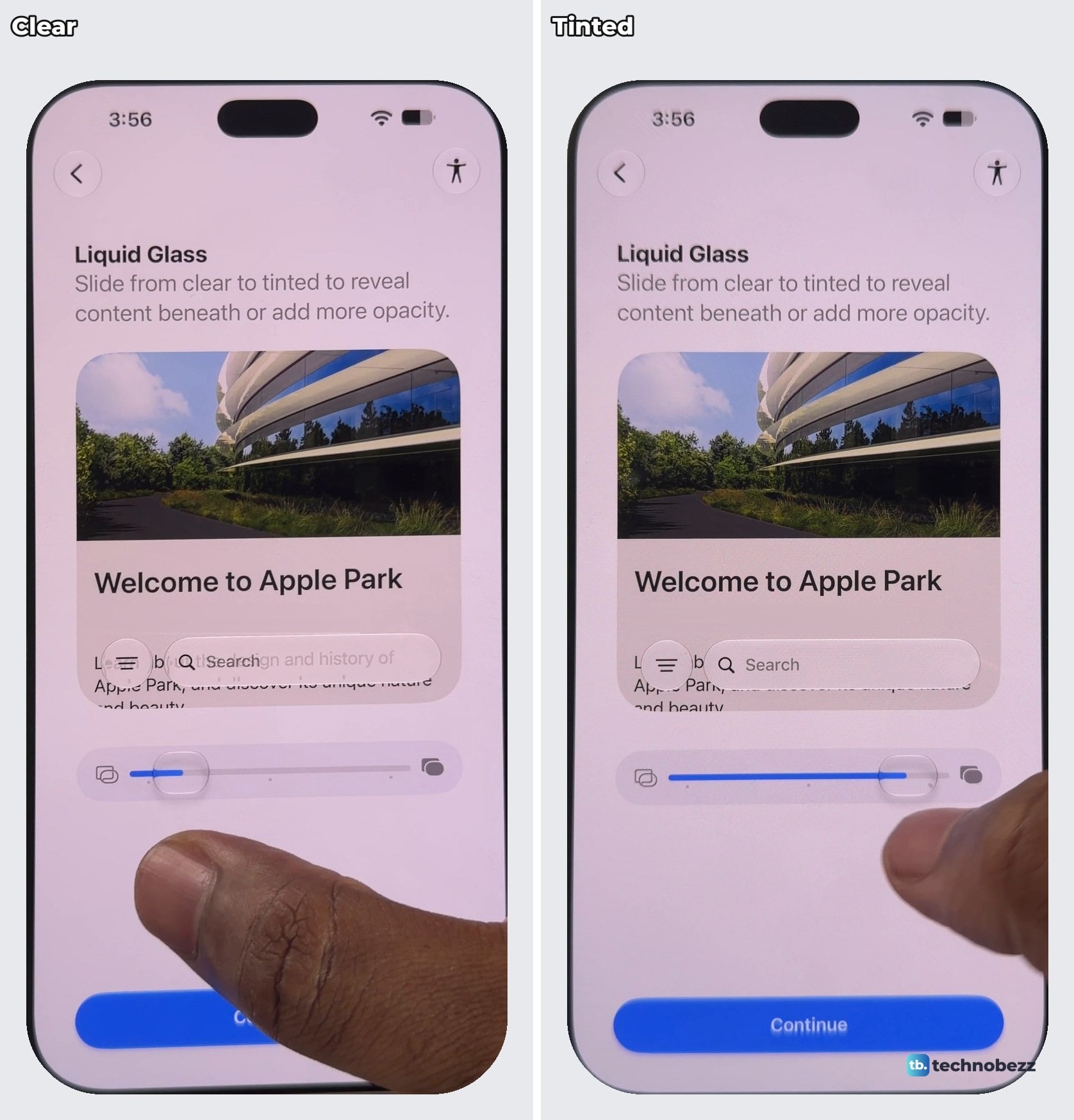Two iPhone 18 Pro Max screens side by side showing the Liquid Glass setup slider near the clear end and near the tinted end