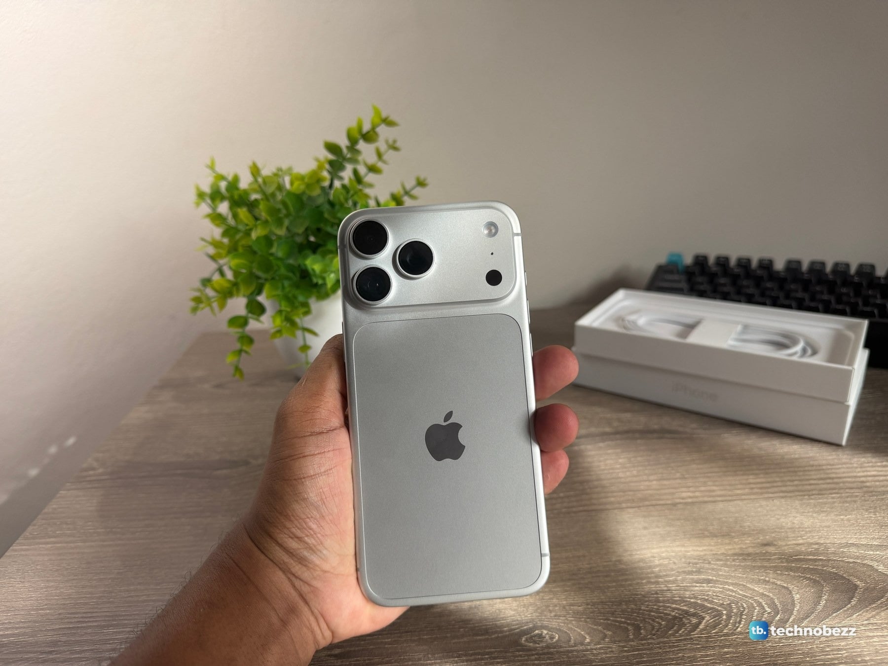 Back of the silver iPhone 18 Pro Max held upright in a hand at a desk, with a plant and the open box behind it