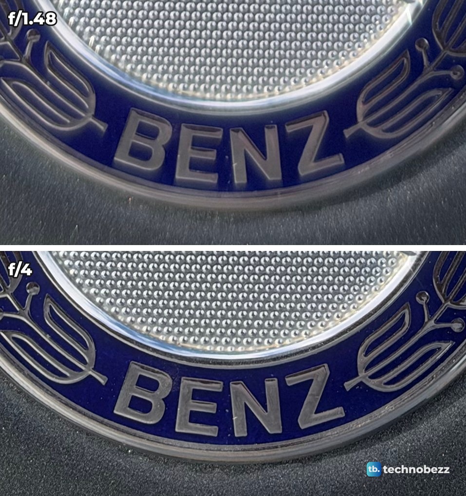 Close crop of the lower rim of the badge with the word BENZ, slightly soft at f/1.48 above and crisp at f/4 below