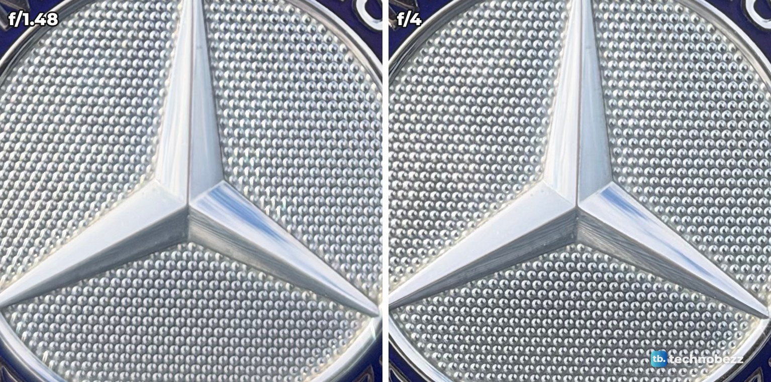 Close crop of the three-pointed star in the middle of the badge at f/1.48 and at f/4, sharp in both
